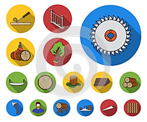 Sawmill and Timber flat icons in set collection for design. Hardware and Tools vector symbol stock web illustration.