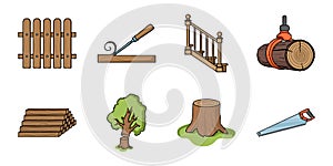 Sawmill and Timber icons in set collection for design. Hardware and Tools vector symbol stock web illustration.