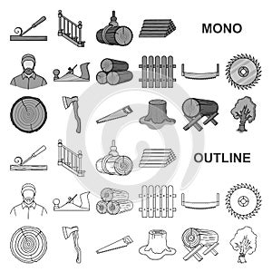 Sawmill and Timber monochrom icons in set collection for design. Hardware and Tools vector symbol stock web illustration