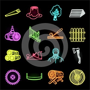 Sawmill and Timber neon icons in set collection for design. Hardware and Tools vector symbol stock web illustration.