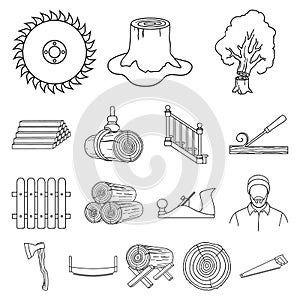 Sawmill and Timber outline icons in set collection for design. Hardware and Tools vector symbol stock web illustration.