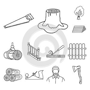 Sawmill and Timber outline icons in set collection for design. Hardware and Tools vector symbol stock web illustration.