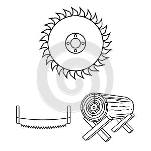 Sawmill and Timber outline icons in set collection for design. Hardware and Tools vector symbol stock web illustration.
