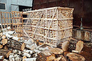 Sawn wood in logs in the warehouse