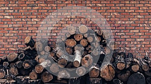 The sawn logs lie along the brick wall