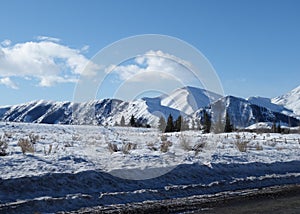 The Sawtooth Mountain Range near Ketchum, Idaho on a winter day photo