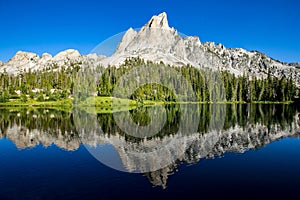 Sawtooth mountains reflected in Alice Lake, Idaho