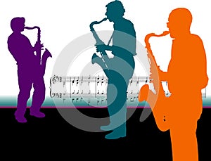 Sax players with music notes