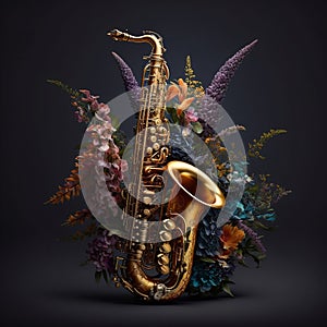 Saxaphone decorated with floral. Ai generative.