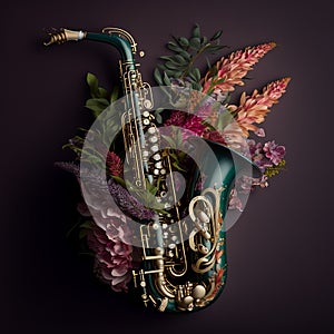 Saxaphone decorated with floral. Ai generative. photo