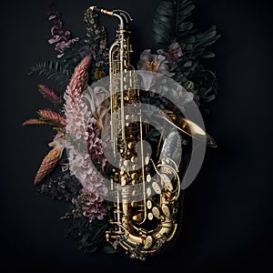 Saxaphone decorated with floral. Ai generative. photo