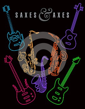 Saxes and axes in neon colors on a black background.