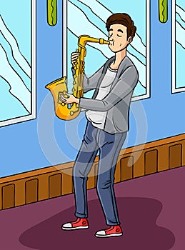 Saxist Profession Colored Cartoon Illustration