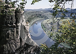 Saxon Swiss National Park overlooking Elbe River and town of Rathen
