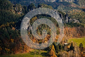 Saxon Switzerland National Park, Germany, 6 November 2021: Basteiaussicht or Bastei Rock Formations in Elbe River Valley,