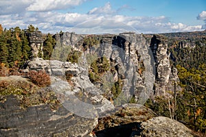 Saxon Switzerland National Park, Germany, 6 November 2021: Basteiaussicht or Bastei Rock Formations in Elbe River Valley,