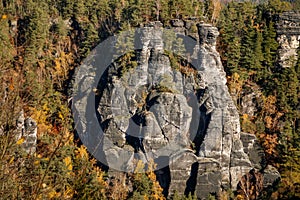 Saxon Switzerland National Park, Germany, 6 November 2021: Basteiaussicht or Bastei Rock Formations in Elbe River Valley,