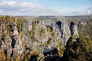 Saxon Switzerland National Park, Germany, 6 November 2021: Basteiaussicht or Bastei Rock Formations in Elbe River Valley,