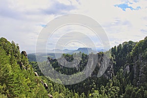 Saxon Switzerland National Park, Germany, Basteiaussicht or Bastei Rock Formations in Elbe River Valley, Sandstone