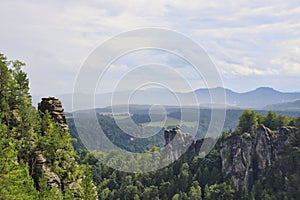 Saxon Switzerland National Park, Germany, Basteiaussicht or Bastei Rock Formations in Elbe River Valley, Sandstone