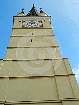 Saxon tower clock closeup of clock from bottom in Medias, Romani