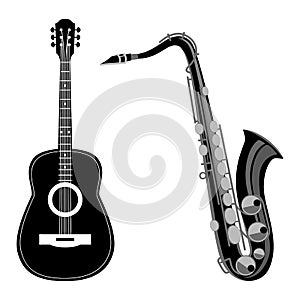 Saxophone and acoustic guitar. Vector illustration, isolated on a white background.