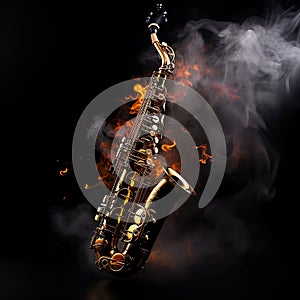 Saxophone in the air on a black background and smoke, classic jazz instrument, background for musical works