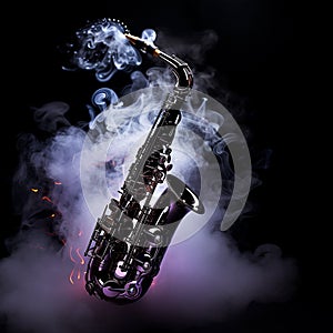 Saxophone in the air on a black background and smoke, classic jazz instrument, background for musical works,