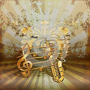 Saxophone entwined with music notes