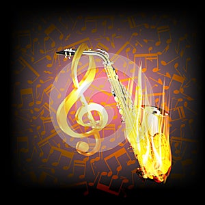 Saxophone on fire a background with music notes