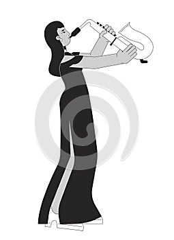 Saxophone girl in recital dress black and white cartoon flat illustration