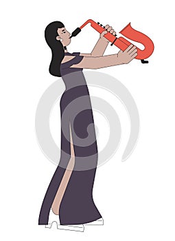 Saxophone girl in recital dress line cartoon flat illustration