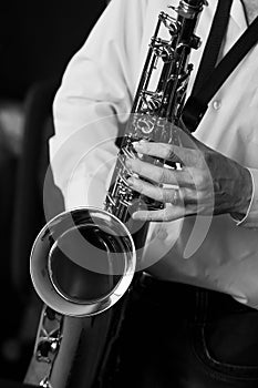 Saxophone in the hands of a musician