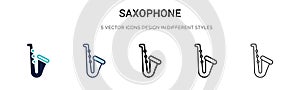 Saxophone icon in filled, thin line, outline and stroke style. Vector illustration of two colored and black saxophone vector icons