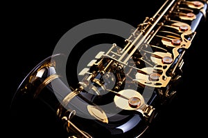 Saxophone jazz instruments. Saxophone music instrument closeup on black background. Generative Ai