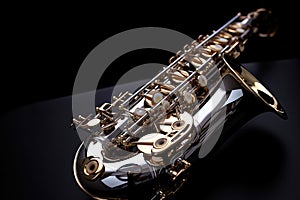 Saxophone jazz instruments. Saxophone music instrument closeup on black background. Generative Ai