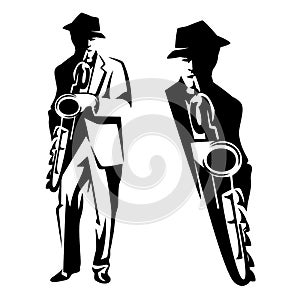 Saxophone jazz man playing music black and white vector design