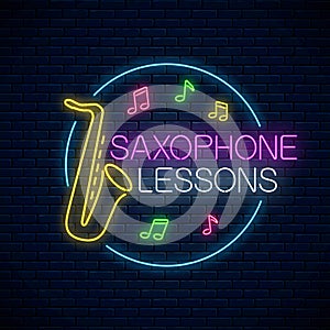 Saxophone lessons glowing neon poster or banner template. Music instrument training advertising flyer