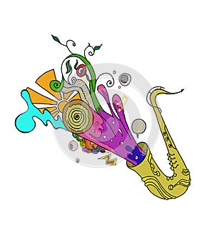 Saxophone music jazz concept. Sketch , doodle, pattern with notes and treble clef, digital draw, isolated on white ground