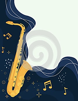 Saxophone musical instrument with flowing musical notes flat vector illustration