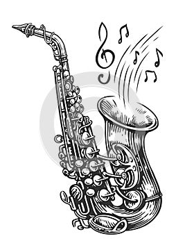 Saxophone with musical notes coming out. Live Jazz music, vintage illustration