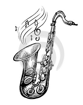 Saxophone with musical notes. Music concept. Hand drawn sketch. Vintage vector illustration
