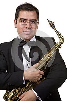 Saxophone Player Isolated on White