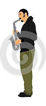 Saxophone player vector illustration. Music man play wind instrument. Music artist. Jazz man. Bugler street performer.