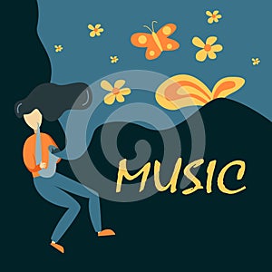 Saxophone Player Vector Illustration In Primitive Cartoon Childish Style Isolated On Floral Background