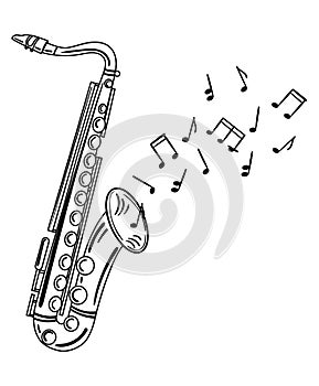 Saxophone playing melody. Wind musical instrument with notes. Jazz emblem. Black and white illustration of a wind