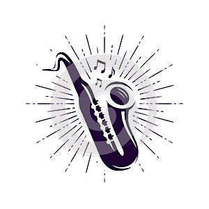 Saxophone, sax logo or label. Live music, jazz, blues symbol. Vector illustration