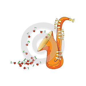 Saxophone from side view in cartoon style. Brass musical instrument illustration. Vector. And the notes fly like fruits. Fun howev