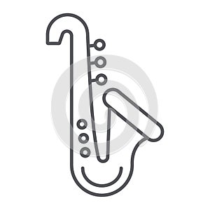 Saxophone thin line icon, music and instrument, trumpet sign, vector graphics, a linear pattern on a white background.
