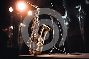 Saxophone wind musical instrument on stage with spotlight. Generative AI